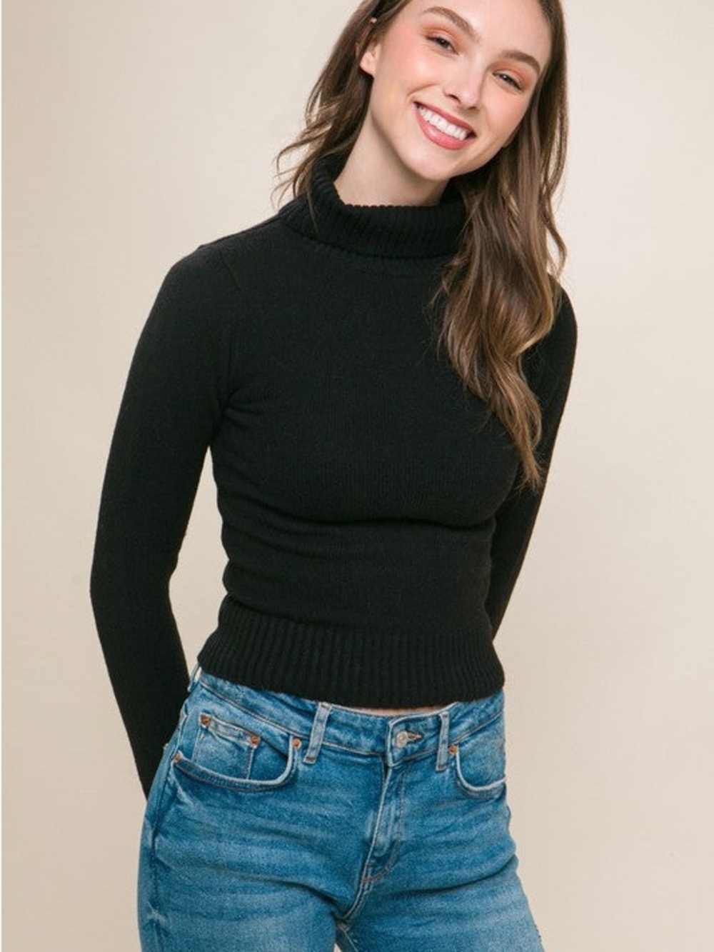 Black Mock Neck Long Sleeve Sweater Top